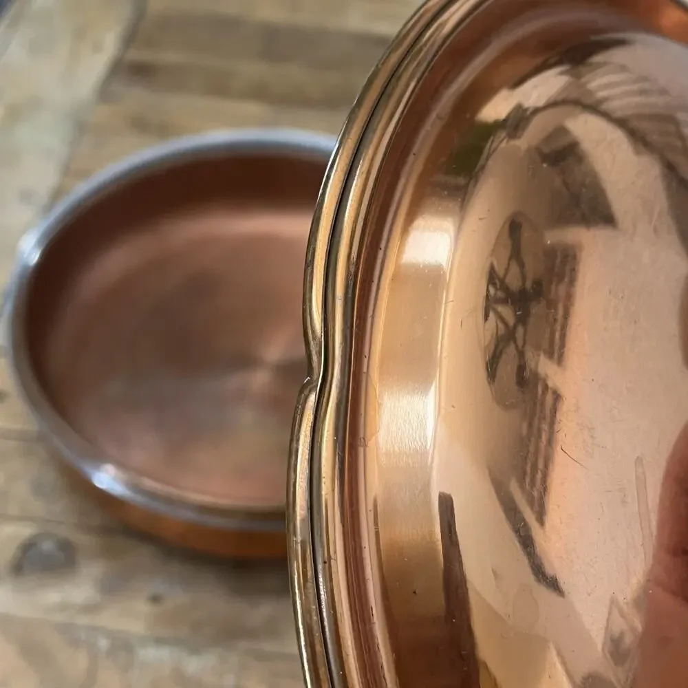 Vintage Copper Saute Pan Skillet with Lid Wood Handle